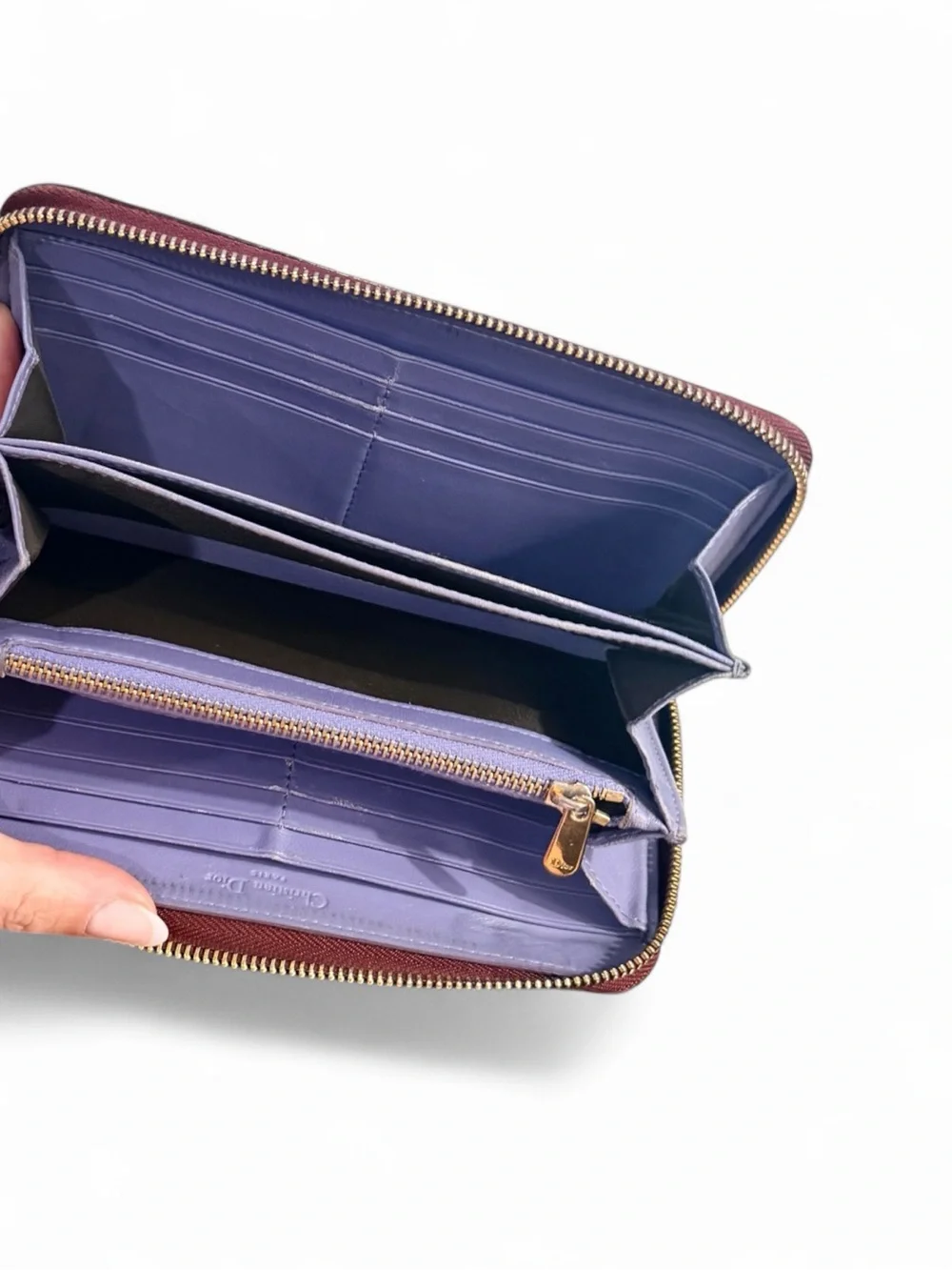 Christian Dior Vintage Trotter Print Patent Leather Long Zip Wallet | Burgundy